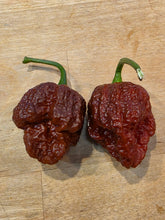 Load image into Gallery viewer, Two Chocolate Hellboy pepper pods on a cutting board showing deep chocolate brown wrinkled skin
